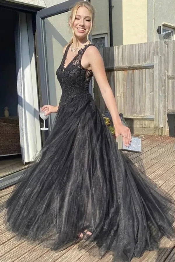 Black Tulle A-line V-neck Prom Dresses With Lace Appliques, Evening Dress, MP751