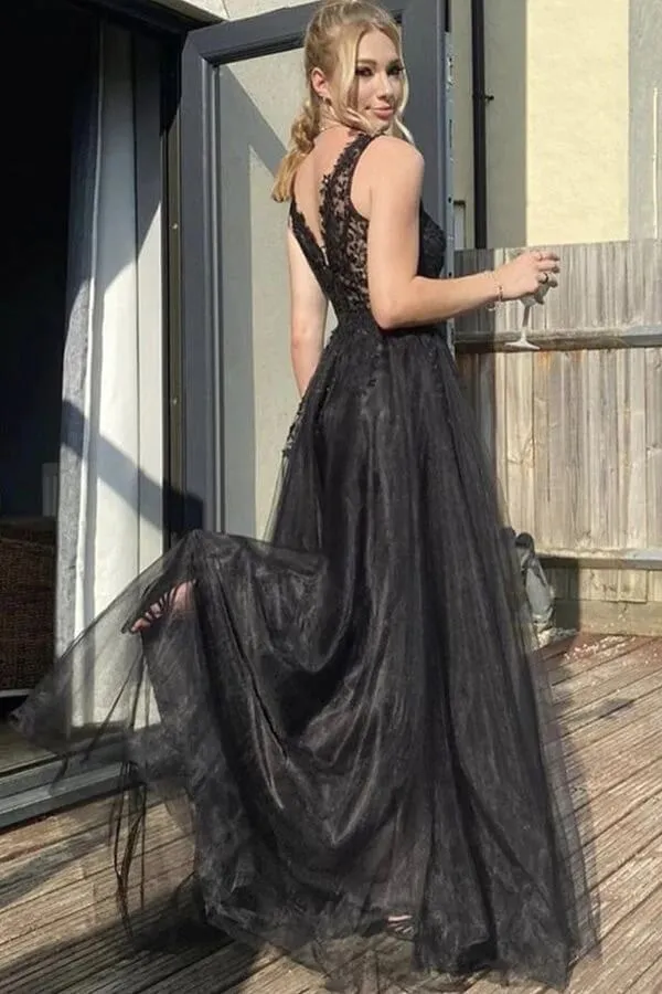 Black Tulle A-line V-neck Prom Dresses With Lace Appliques, Evening Dress, MP751