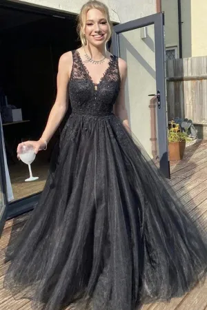 Black Tulle A-line V-neck Prom Dresses With Lace Appliques, Evening Dress, MP751