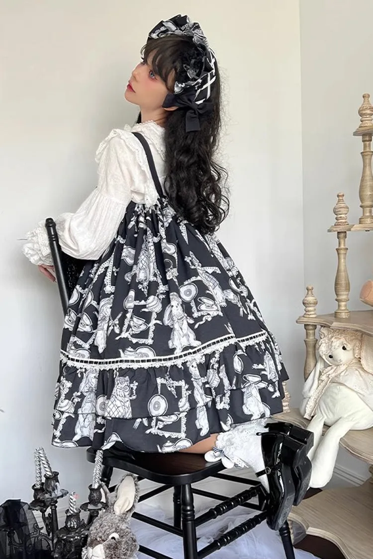 Black Wolf Detective Print Ruffle Bowknot Sweet Lolita Jsk Dress