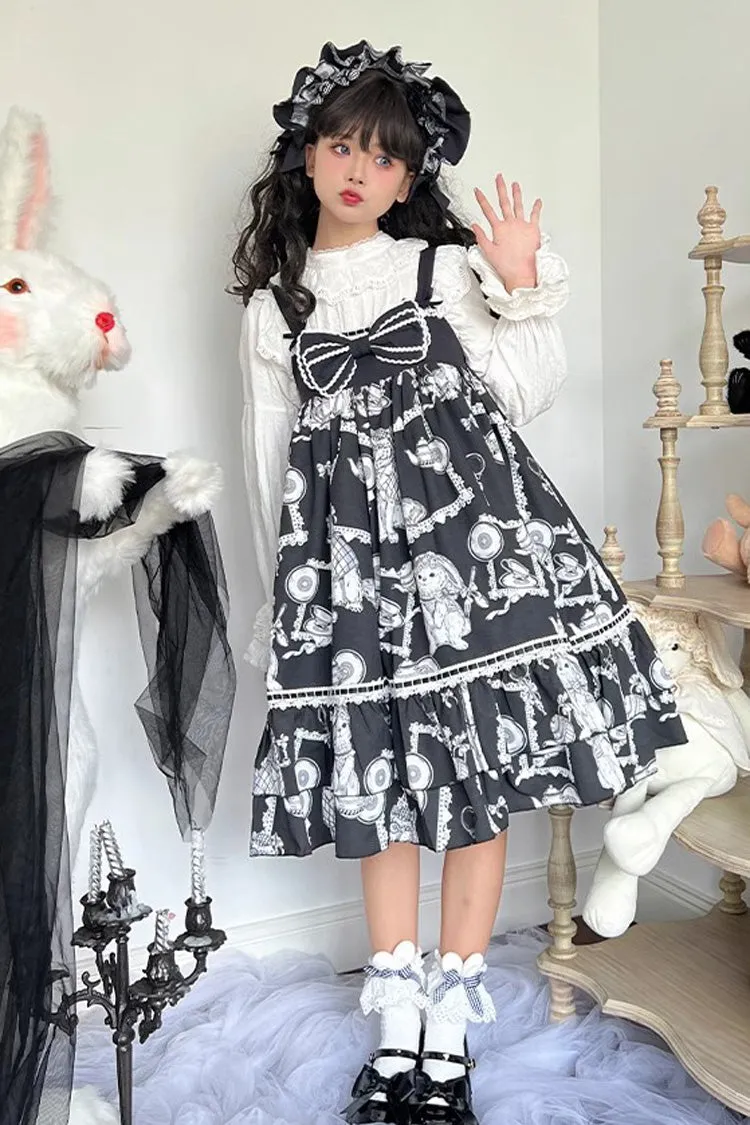 Black Wolf Detective Print Ruffle Bowknot Sweet Lolita Jsk Dress