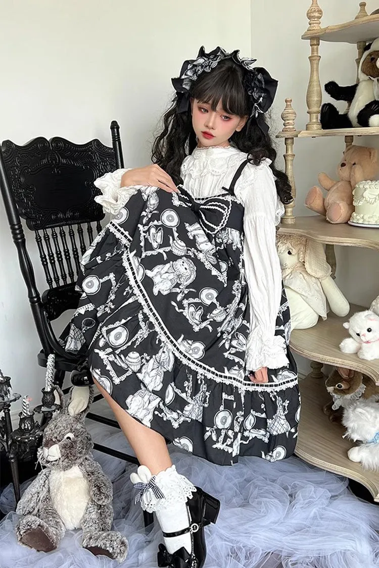 Black Wolf Detective Print Ruffle Bowknot Sweet Lolita Jsk Dress