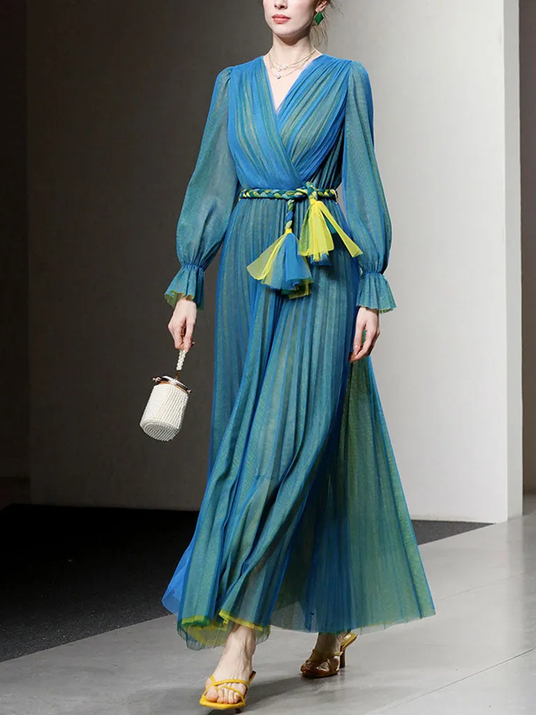 Blue V Neck Lantern Sleeve Pleated Fairy Dress
