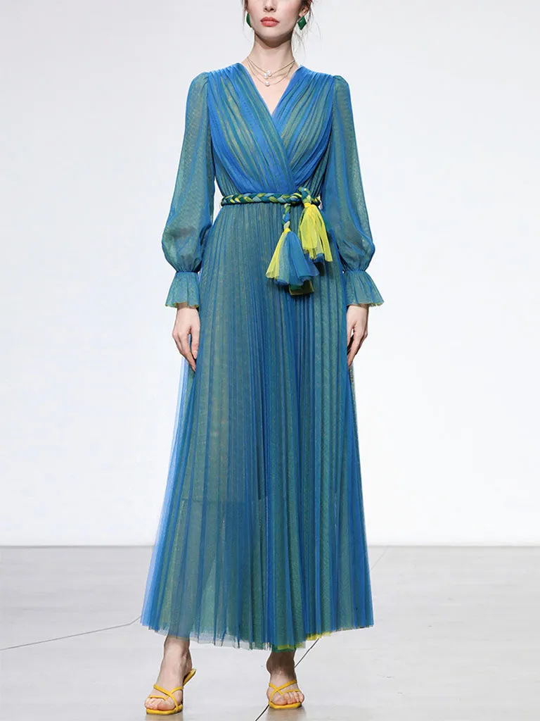 Blue V Neck Lantern Sleeve Pleated Fairy Dress