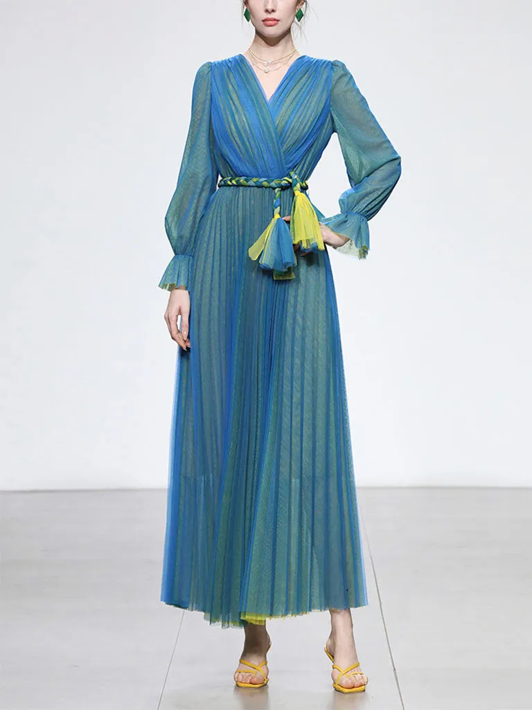 Blue V Neck Lantern Sleeve Pleated Fairy Dress