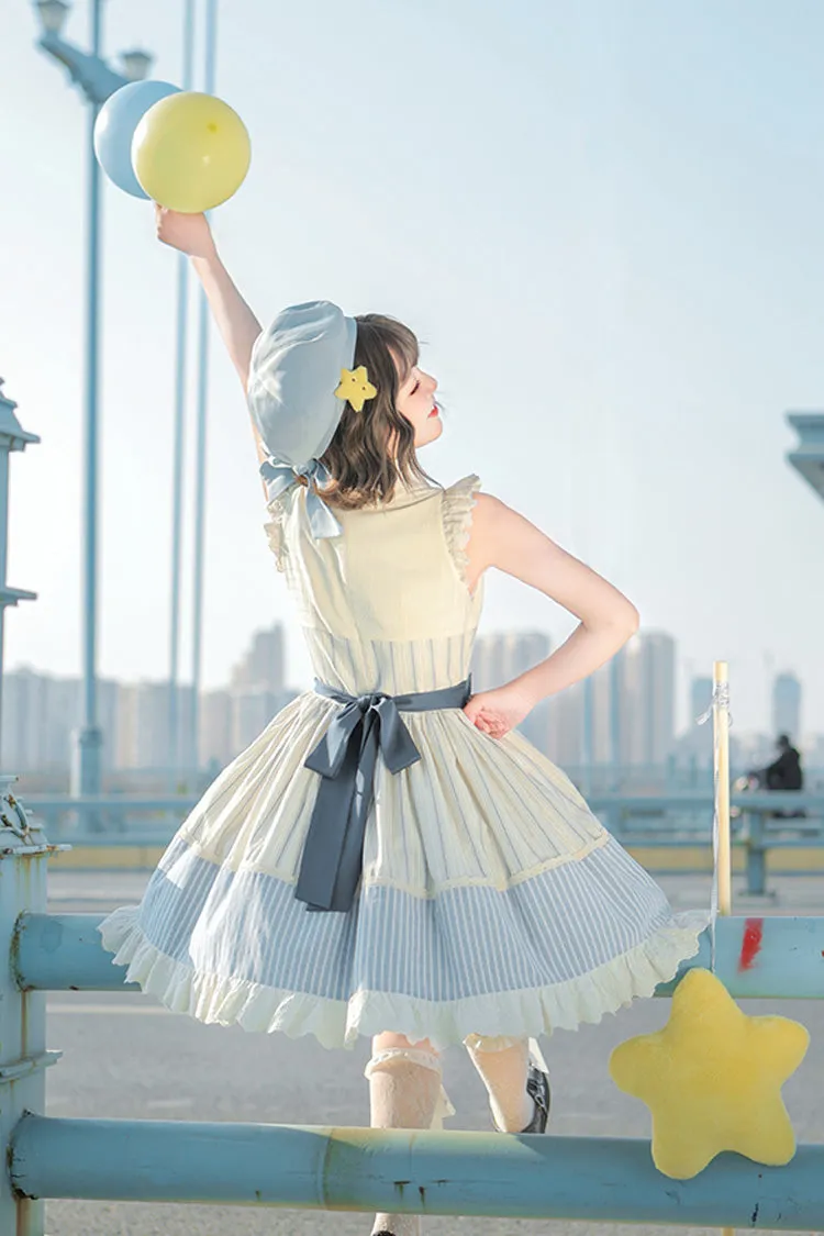 Blue/Ivory Catch The Stars Print Navy Style Sleeveless Ruffle Bowknot Sweet Lolita Dress