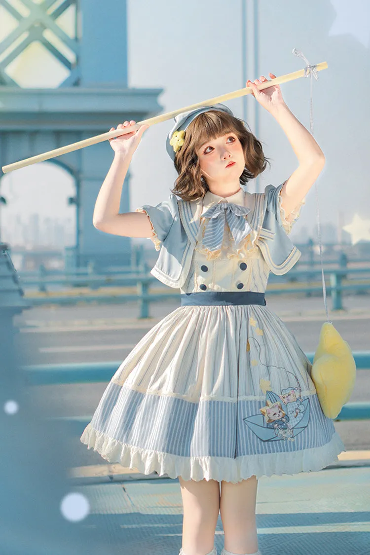 Blue/Ivory Catch The Stars Print Navy Style Sleeveless Ruffle Bowknot Sweet Lolita Dress