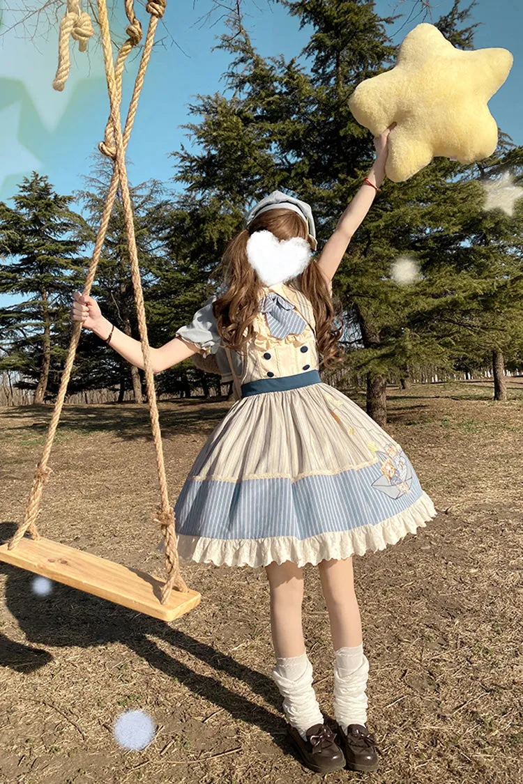 Blue/Ivory Catch The Stars Print Navy Style Sleeveless Ruffle Bowknot Sweet Lolita Dress