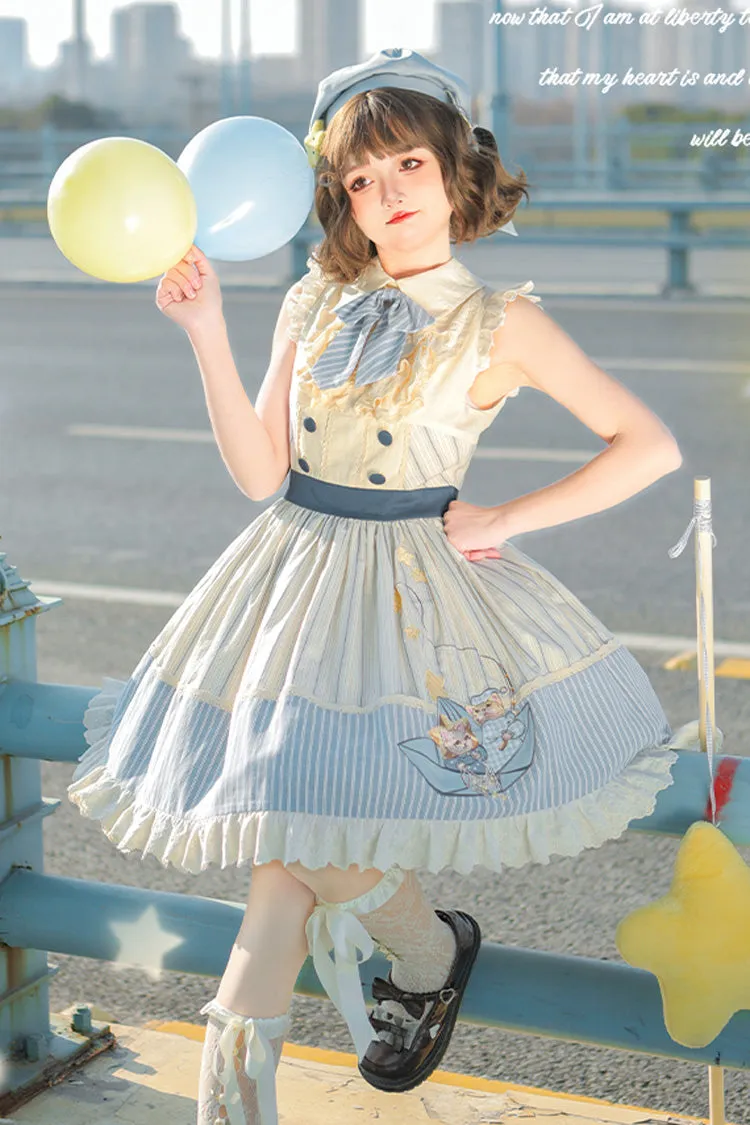 Blue/Ivory Catch The Stars Print Navy Style Sleeveless Ruffle Bowknot Sweet Lolita Dress