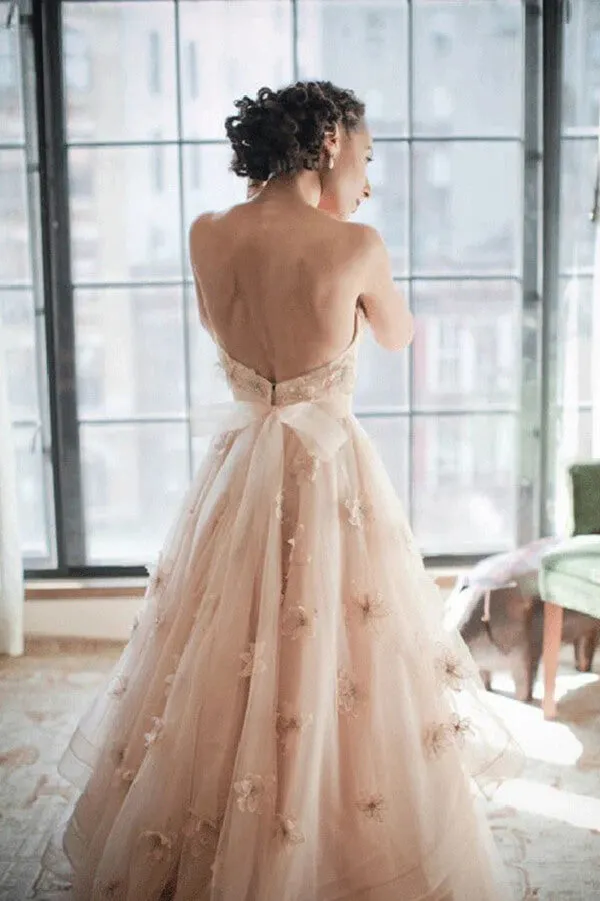 Blush Pink A-line Sweetheart Floral Backless Wedding Dress, Bridal Gowns, MW761