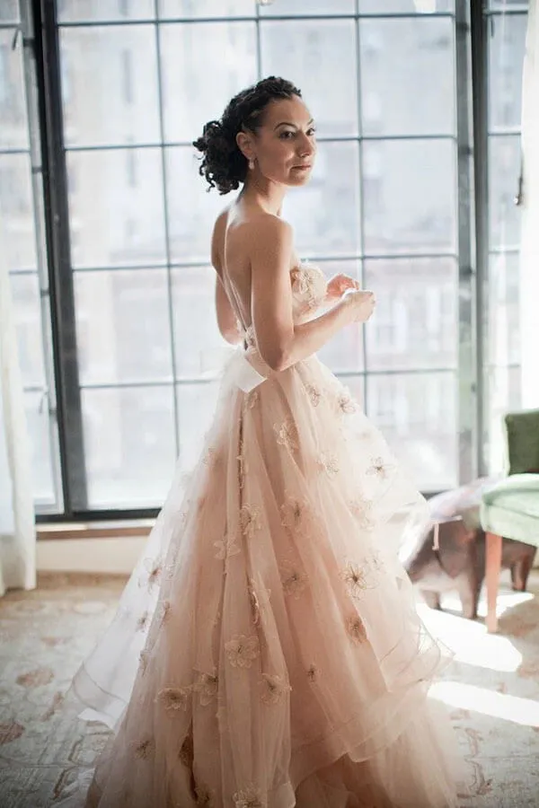 Blush Pink A-line Sweetheart Floral Backless Wedding Dress, Bridal Gowns, MW761