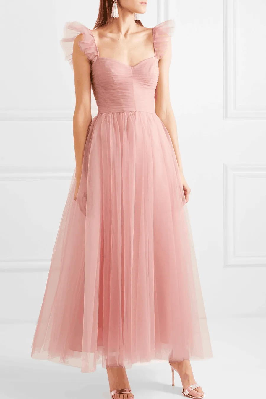 Blush Pink Prom Dress Ankle-Length Ruched Tulle Skirt