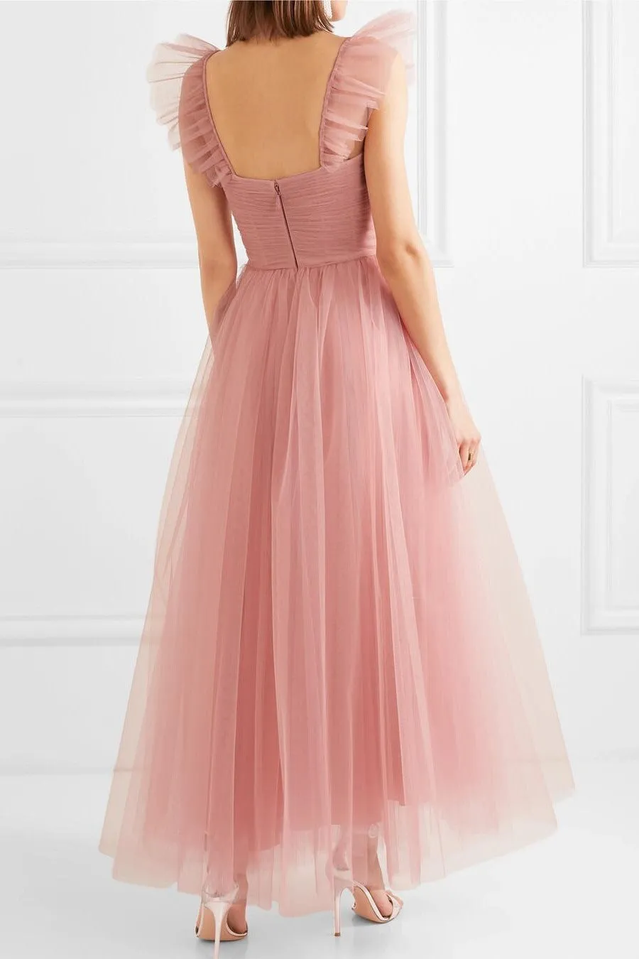 Blush Pink Prom Dress Ankle-Length Ruched Tulle Skirt