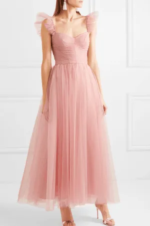 Blush Pink Prom Dress Ankle-Length Ruched Tulle Skirt