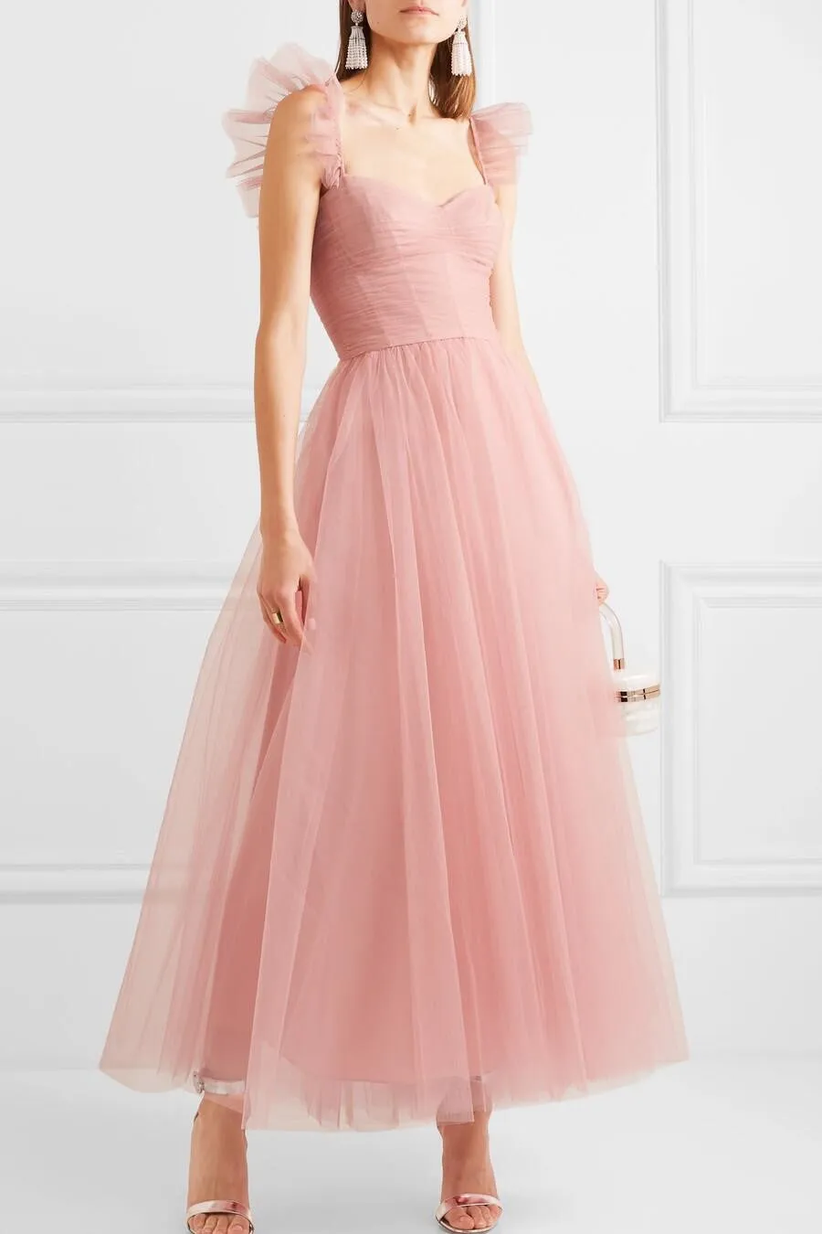 Blush Pink Prom Dress Ankle-Length Ruched Tulle Skirt