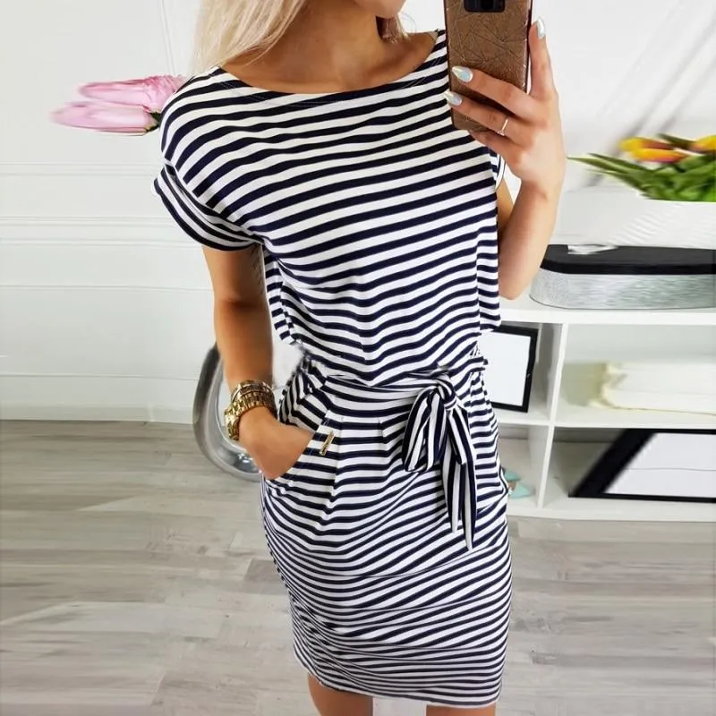 Boat Neck Dress - Bow Belt & Pockets