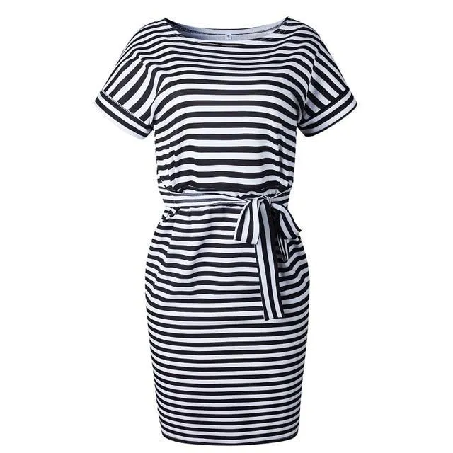 Boat Neck Dress - Bow Belt & Pockets
