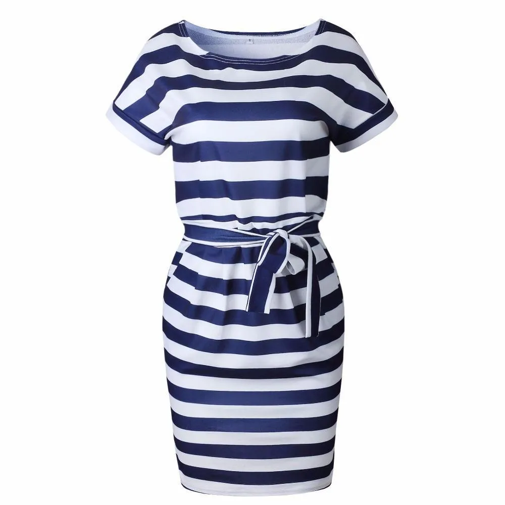 Boat Neck Dress - Bow Belt & Pockets