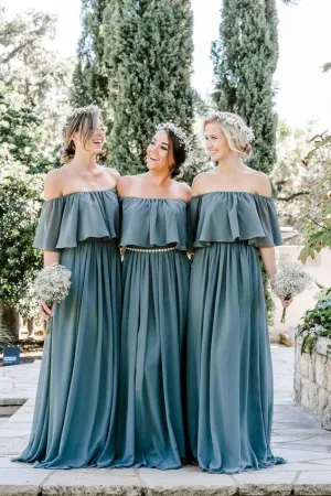 boat neck long bridesmaid dresses 2020 chiffon cheap gray elegant a line wedding party dresses