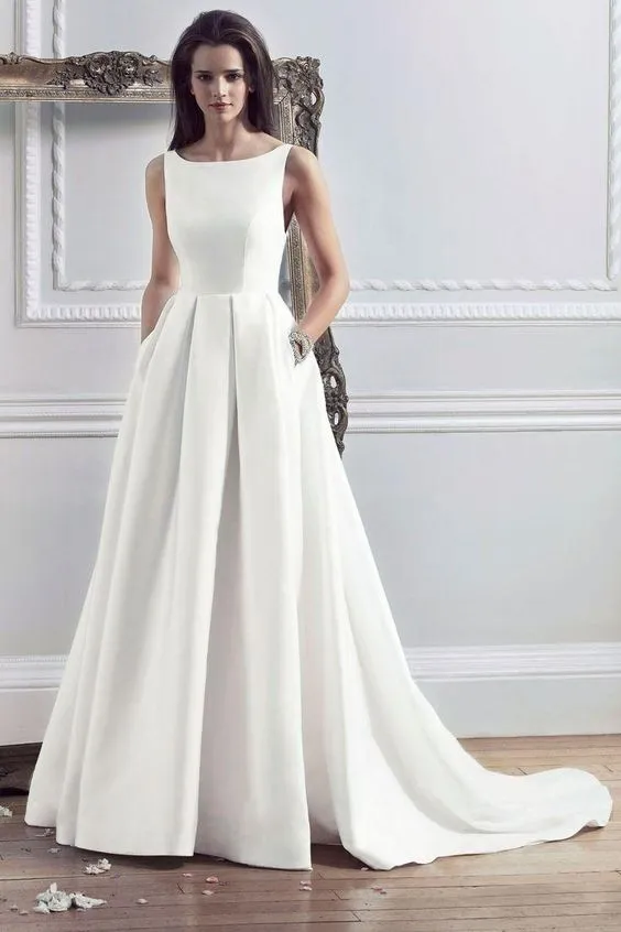 Boat Neck Satin A-line Wedding Gown with Pockets