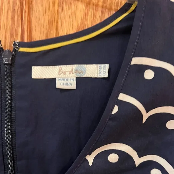 Boden Navy Blue &amp; White‎ Floral Print Fit &amp; Flare Pleated Cotton Dress Size 10