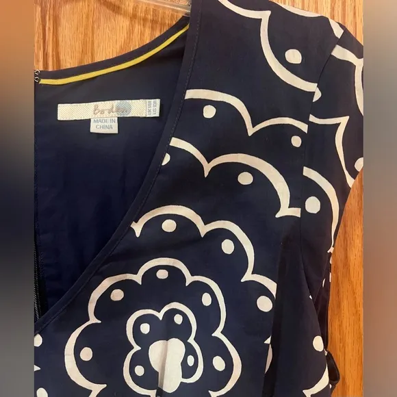 Boden Navy Blue &amp; White‎ Floral Print Fit &amp; Flare Pleated Cotton Dress Size 10