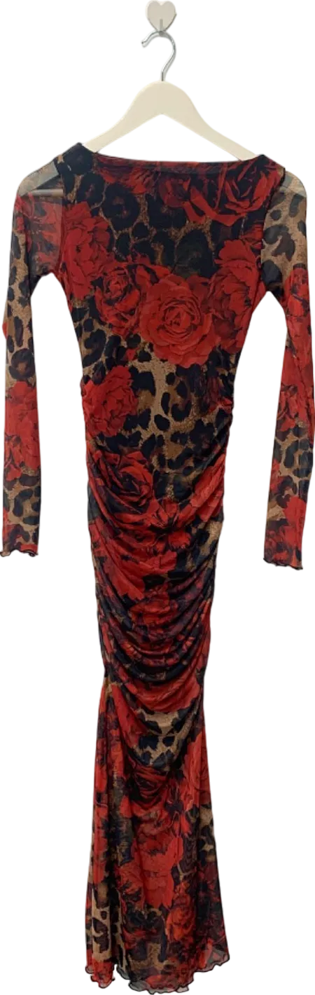 Boohoo Red Mixed Leopard Ruched Mesh Maxi Dress UK 8