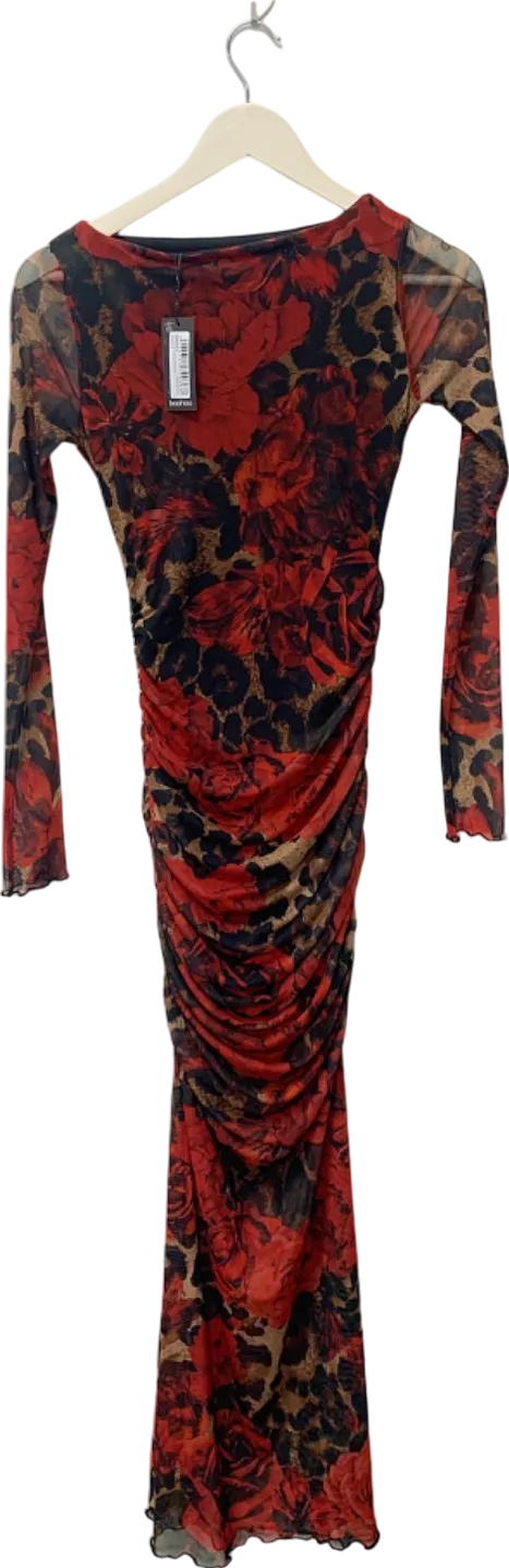 Boohoo Red Mixed Leopard Ruched Mesh Maxi Dress UK 8