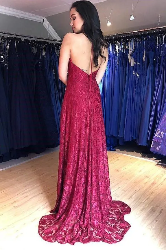 Breathtaking Long Lace Prom Gown with Halter Straps