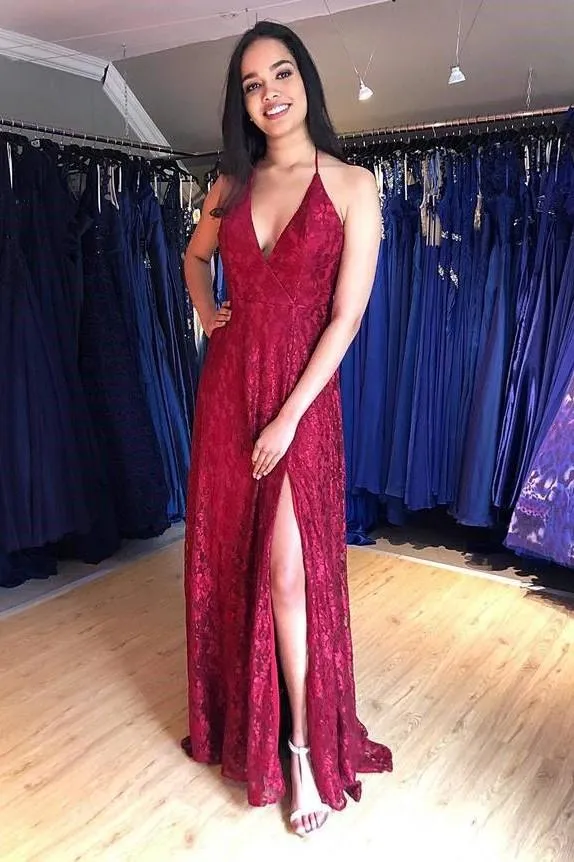 Breathtaking Long Lace Prom Gown with Halter Straps