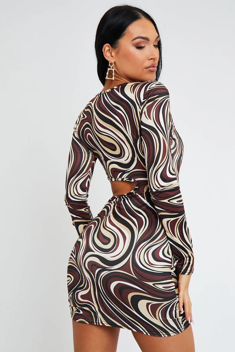 Brown Marble Print Side Ruched Cut Out Mini Dress - Aniisa