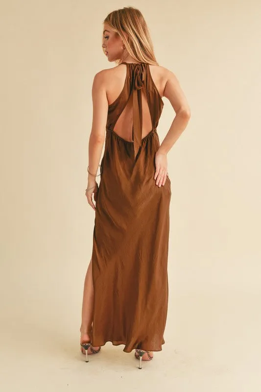 Brown Ruched Side Slit Cutout Back Maxi Cami Dress