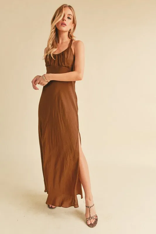 Brown Ruched Side Slit Cutout Back Maxi Cami Dress
