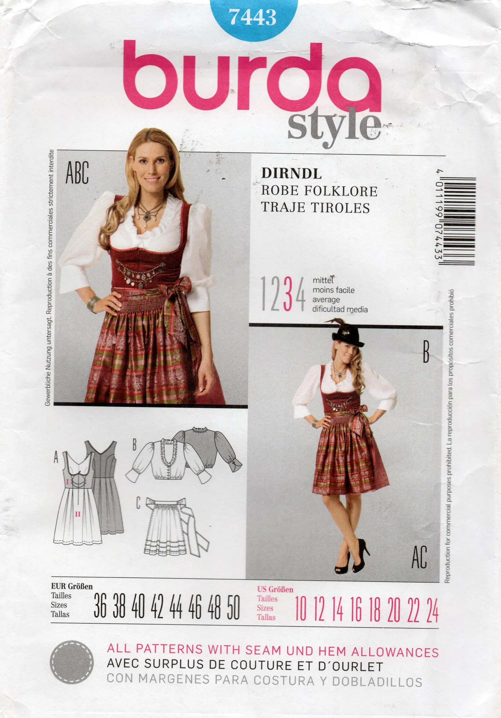 Burda Style 7443 Womens Dirndl Dress Peasant Blouse & Apron German Maid Costume Sewing Pattern Sizes 10 - 24 UNCUT Factory Folded