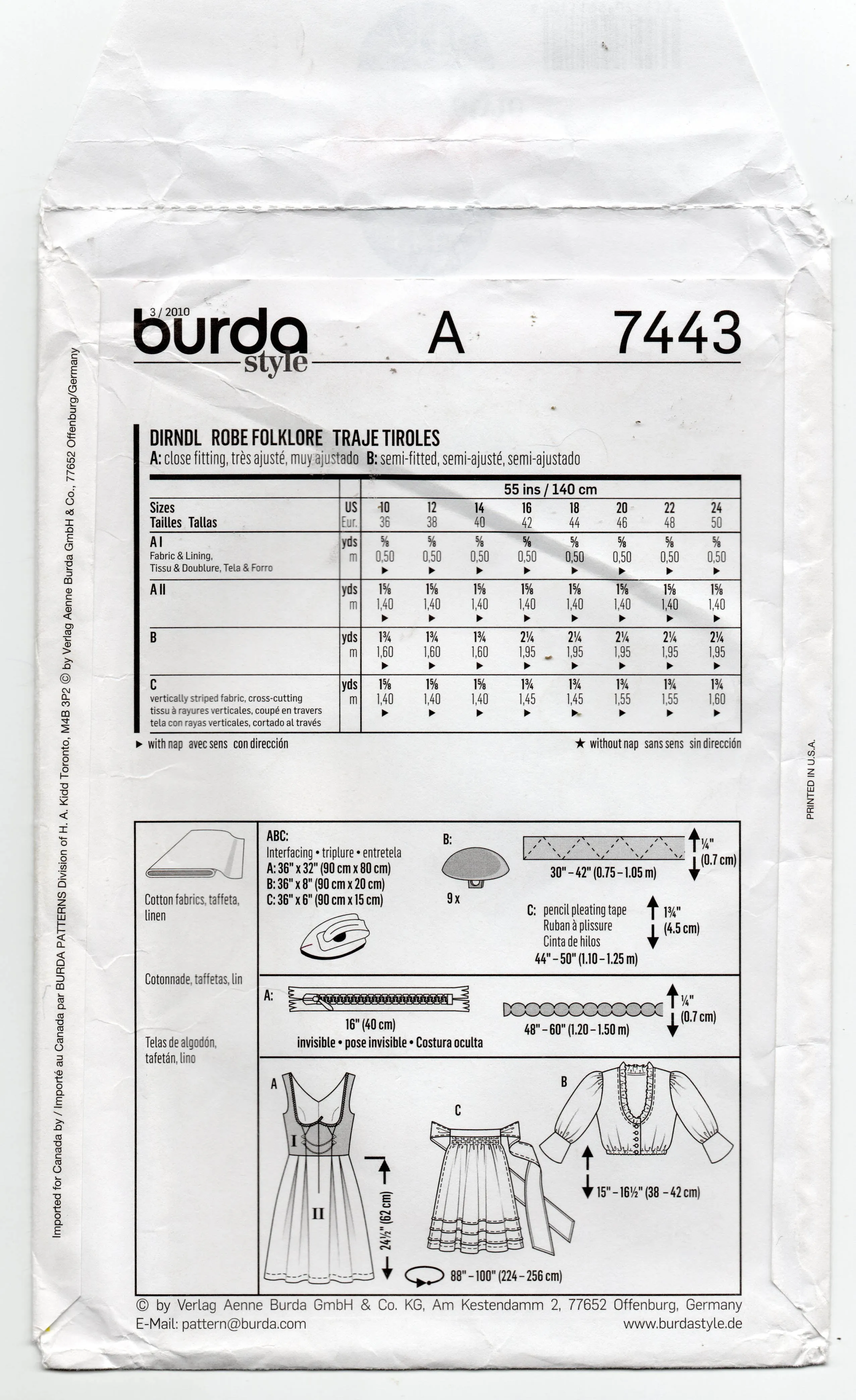 Burda Style 7443 Womens Dirndl Dress Peasant Blouse & Apron German Maid Costume Sewing Pattern Sizes 10 - 24 UNCUT Factory Folded