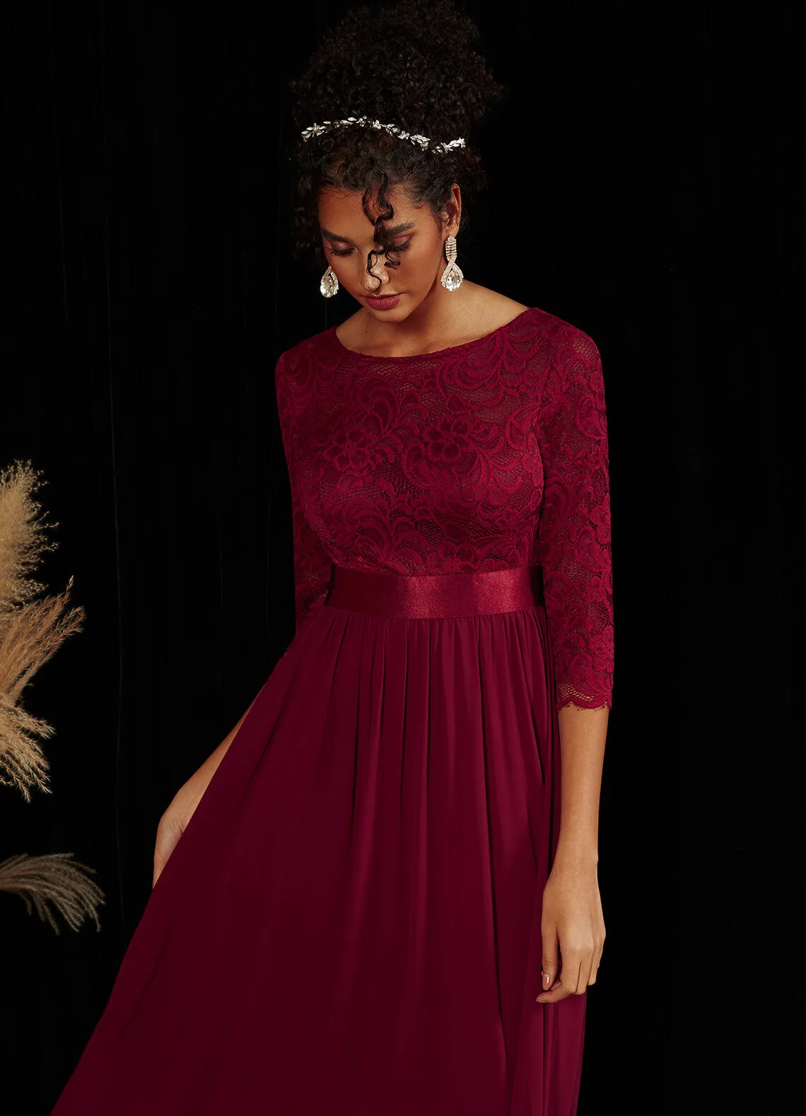 Burgundy 3/4 Sleeve Boat  Floor Length Lace Mother of the Bride Dress