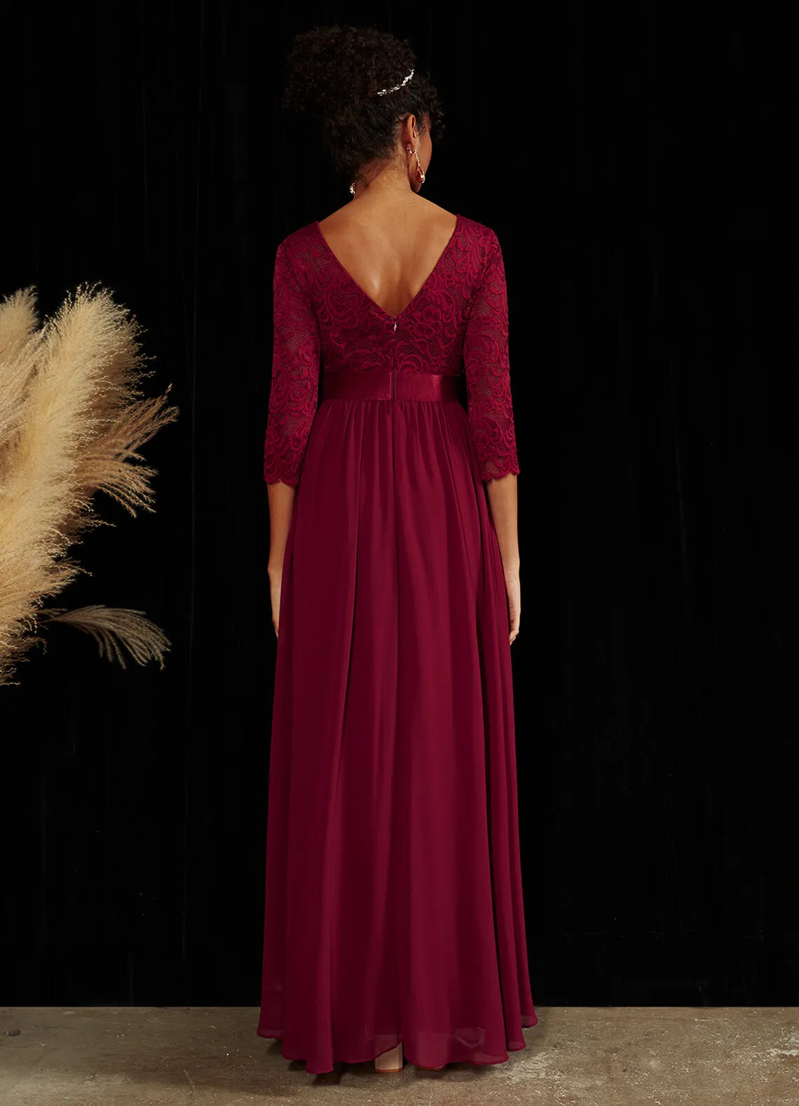 Burgundy 3/4 Sleeve Boat  Floor Length Lace Mother of the Bride Dress