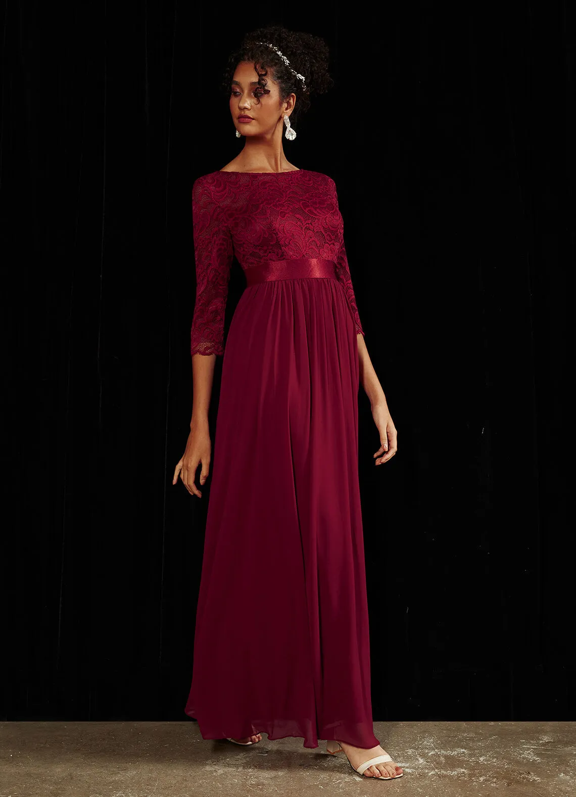 Burgundy 3/4 Sleeve Boat  Floor Length Lace Mother of the Bride Dress