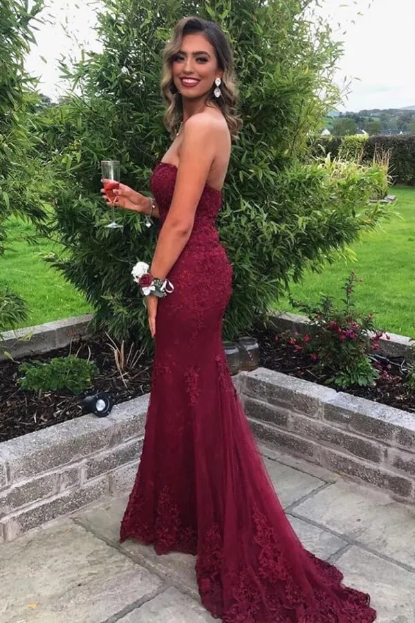 Burgundy Lace Sweetheart Neck Prom Dresses, Strapless Evening Gown, MP834