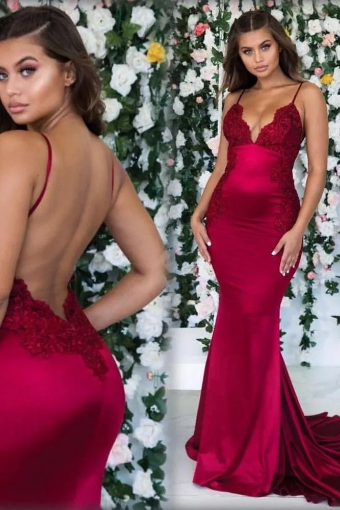 Burgundy Sleeveless Mermaid Backless Prom Dress Spaghetti Straps Lace Appliques Evening Gowns