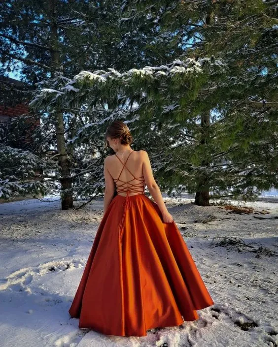 Burnt orange satin prom dress ballgown with pockets       fg3911
