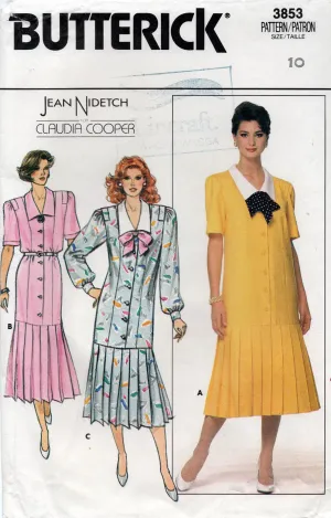 Butterick 3853 JEAN NIDETCH Womens Drop Waisted Dress with Pleats 1980s Vintage Sewing Pattern Size 10 UNCUT Factory Folded