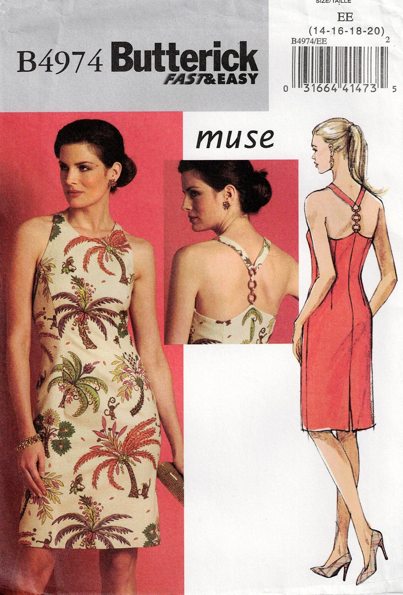 Butterick 4974 MUSE Womens Sheath Dress with Halter & Ring Trim Out Of Print Sewing Pattern Size 14 - 20 UNCUT Factory Folded
