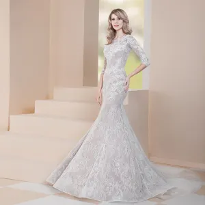 Buttons Up Back Floor Length Half Sleeve Mermaid Dresses