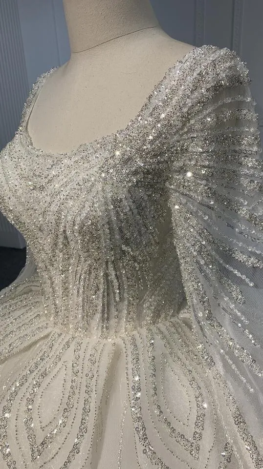 BYG Z075  SQUARE NECKLINE BEADINGS LONG SLEEVES  BALL GOWN