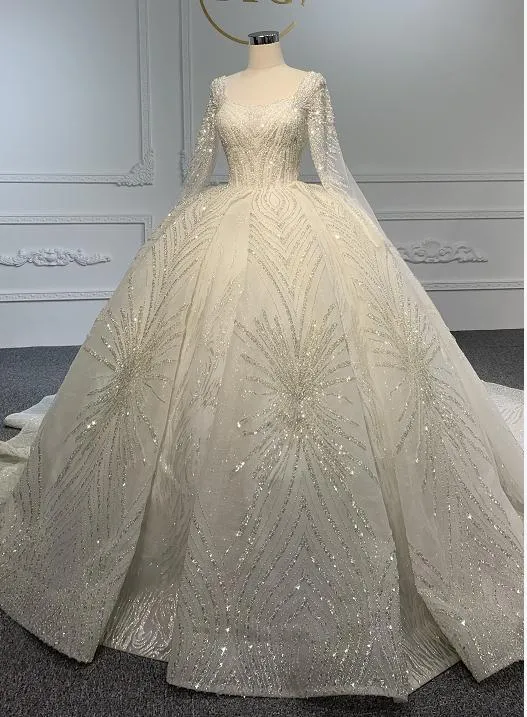 BYG Z075  SQUARE NECKLINE BEADINGS LONG SLEEVES  BALL GOWN