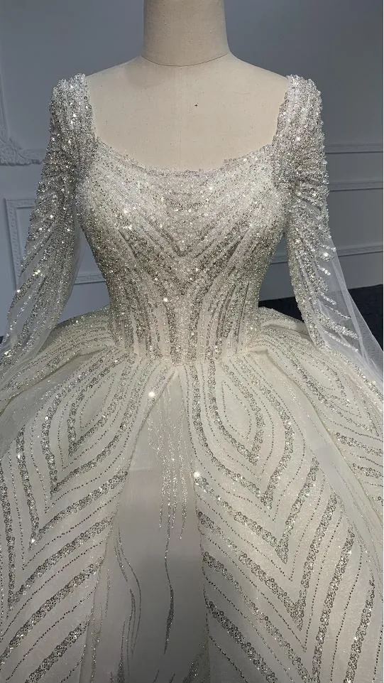 BYG Z075  SQUARE NECKLINE BEADINGS LONG SLEEVES  BALL GOWN