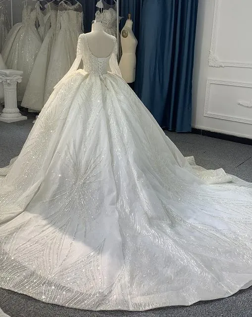 BYG Z075  SQUARE NECKLINE BEADINGS LONG SLEEVES  BALL GOWN