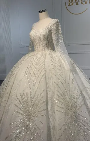 BYG Z075  SQUARE NECKLINE BEADINGS LONG SLEEVES  BALL GOWN