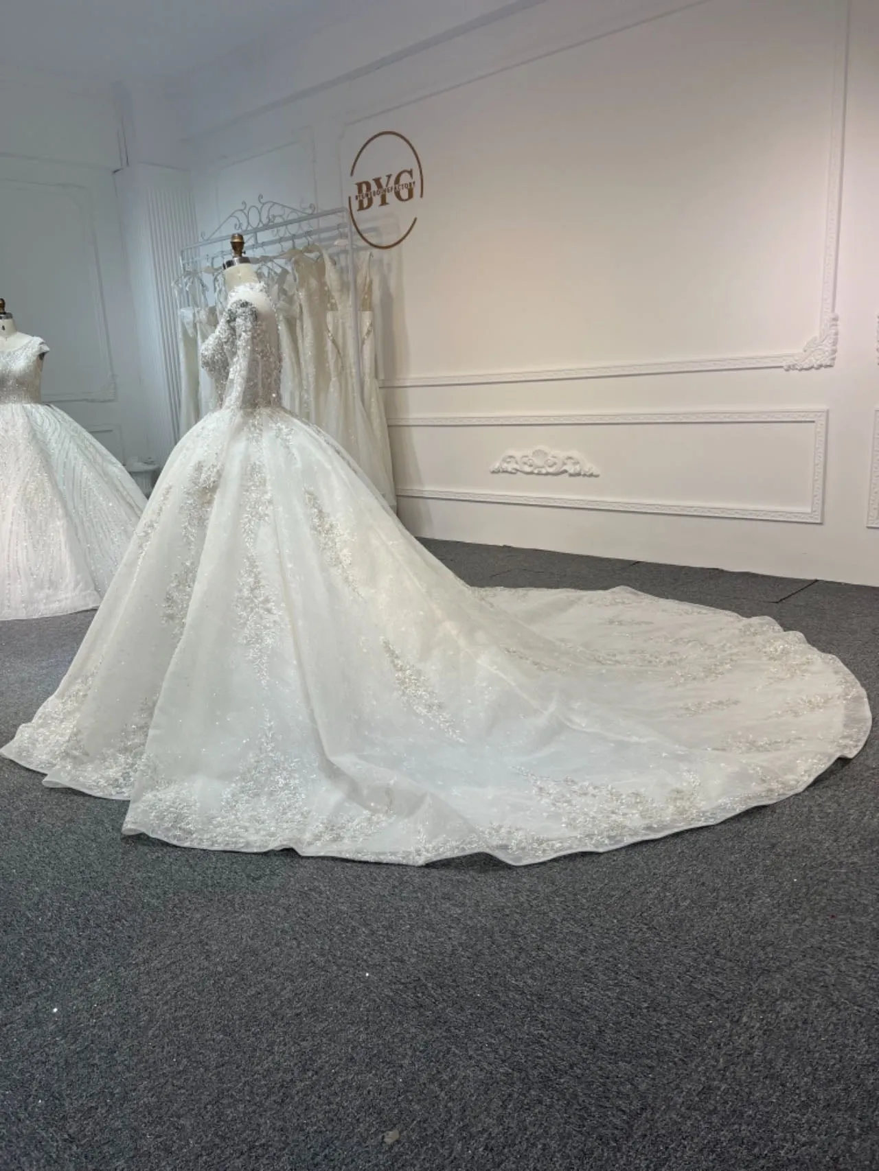 BYG # Z315 Long-sleeved sweetheart neckline, luxurious lace beading ball gown dress